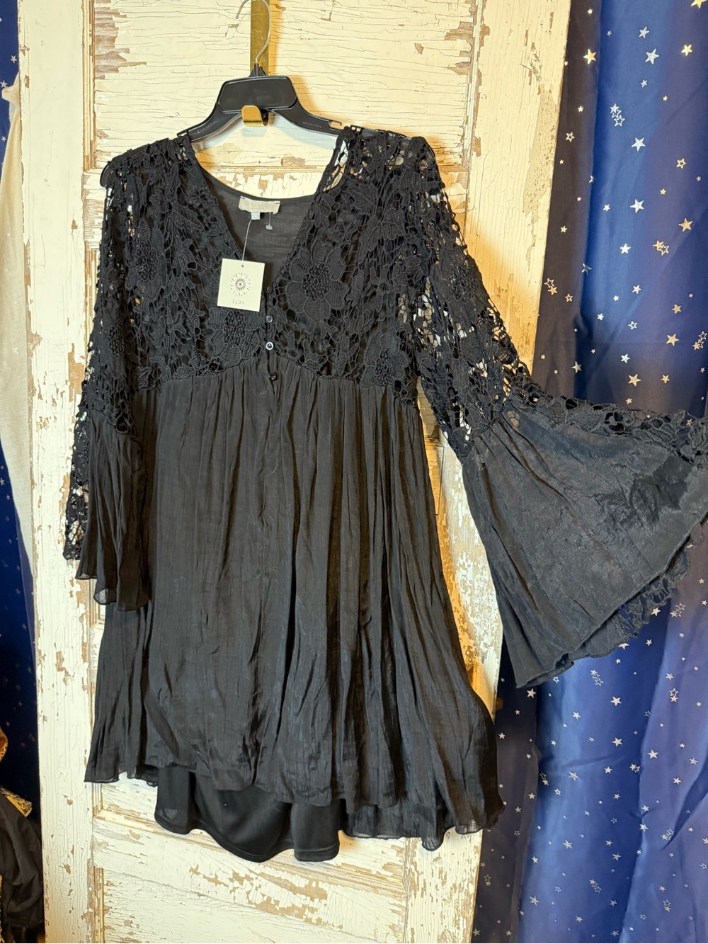 Boho Crochet Lace Midi Dress - Black